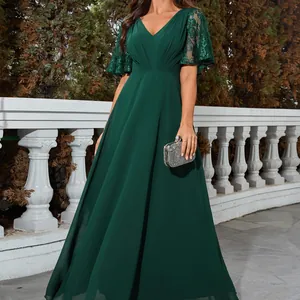 Robe de Soirée Élégante Femme Vert Foncé Col en V Mousseline Dentelle Manches Courtes Robe Maxi Formelle Banquet Mariage