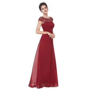 Elegantes dunkelrotes Maxi-Abendkleid mit Spitzenstickerei und hoher Taille A-Linie