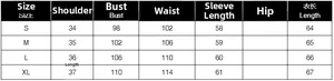 Size chart table for women polka dot blouse showing shoulder, bust, and sleeve measurements