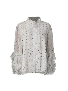 Elegant white polka dot chiffon shirt with ruffled collar and floral accents for women