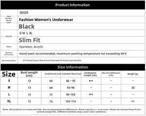 Size chart for black strappy slim fit lingerie top showing S to XL measurements and details
