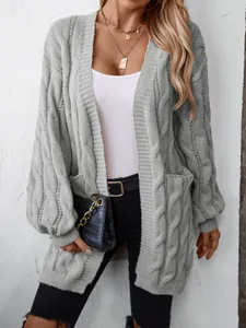Women's mid-length grey cable knit cardigan with pockets and drop shoulder design