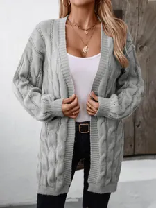 Women's grey cable-knit long cardigan featuring vintage chunky knit texture for autumn