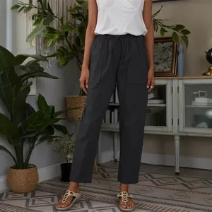 Women's dark grey linen-cotton casual pants with elastic drawstring waist and large pockets