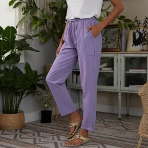 Casual purple cotton linen pants for women with elastic drawstring waist and side pockets
