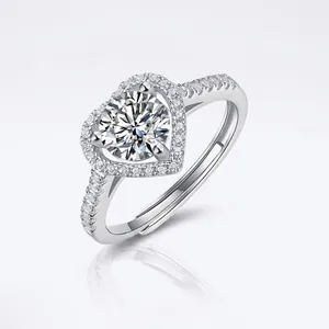925 Sterling Silver Heart Moissanite Ring For Women Luxury Adjustable Open Ring Wedding Anniversary Jewelry Silver Ring