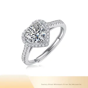 925 Sterling Silver Heart Moissanite Ring For Women Luxury Adjustable Open Ring Wedding Anniversary Jewelry Silver Ring