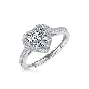 925 silver heart engagement ring with 1ct moissanite and adjustable pavé diamond band