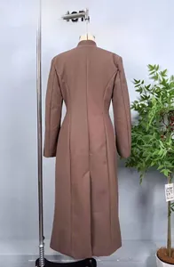 Rear view of a brown slim-fit wool coat featuring a center seam and hem slit detail