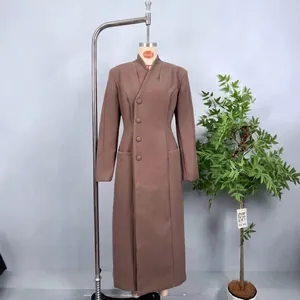 Women's slim fit dark brown wool coat with stand collar and side buttons for autumn