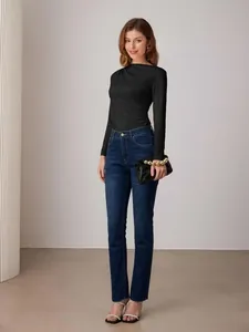 Jean Évasé Femme Rétro Taille Haute Coupe Ajustée Denim Lavé Pantalon Longue Bleu Foncé Bord Brut Bouton Jean Stretch pour Femme