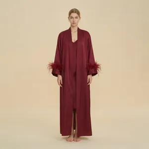 Elegant burgundy satin pajama set featuring a luxury robe with feather trim and lace slip dress