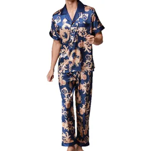 Men's silk-like pajama set with short sleeve shirt and long pants in baroque print
