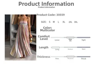 Detail showing colorful striped maxi dress fit parameters and sizing chart for women