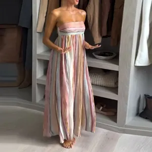 Detail of strapless maxi dress with vertical pink, yellow, and blue pastel stripes