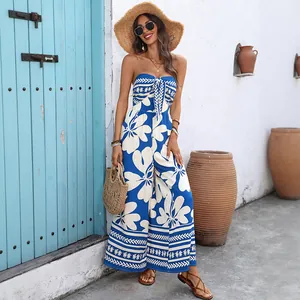 Combinaison bustier à fleurs pour femme avec jambe large et imprimé floral bleu
