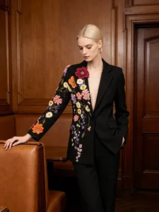 Blazer Élégant Femme Broderie Florale 3D Manches Longues Coupe Slim Veste de Costume Avec Fausse Künstliche Perle Strass pour Fête Mariage Bureau