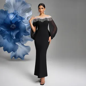 Elegant Black Evening Gown Round Neck Fringe Beading Lantern Sleeve Slim Fit Maxi Dress For Wedding Banquet Party Women