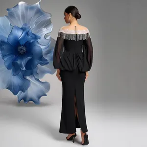 Elegant black bodycon evening dress with silver bead fringe and lace lantern sleeves