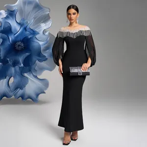 Elegant black fisheye evening gown with silver sequin fringe and mesh neckline