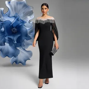 Elegant black bodycon evening dress with silver tassel sequins and chiffon cape sleeves