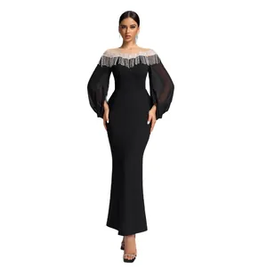 Elegant black slim evening gown with fringe neckline and sheer lantern sleeves