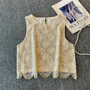 Débardeur Femme Pailleté Étincelant Sans Manches Élégant Col Rond Gilet en Maille avec Bord Festonné pour Fête Soirée
