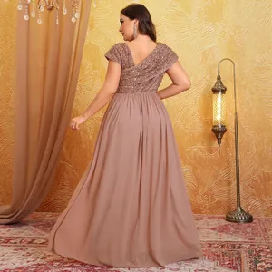 Plus size sequin chiffon evening dress with pleated V-back design in dusty rose pink