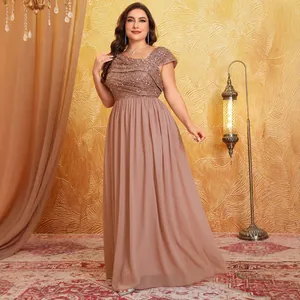 Elegant plus size sequin chiffon floor-length evening gown with pleated design in dusty pink