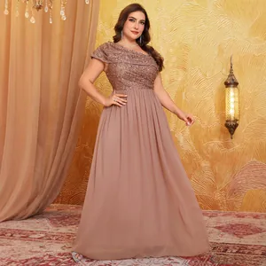 Plus size evening gown featuring sequined bodice and pleated chiffon skirt in dusty pink