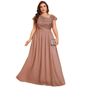 Elegant mauve sequined evening gown with asymmetrical neckline and flowy pleated skirt