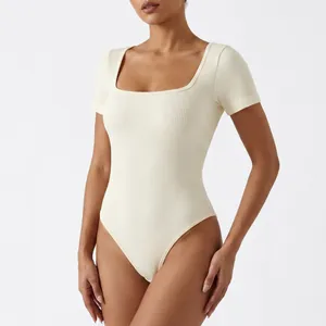 Slim fit light beige square neck ribbed bodysuit for women with elastic fabric texture