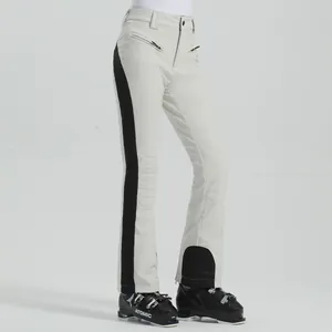 Pantaloni da sci donna bianco sporco a vita alta con strisce nere e imbottitura