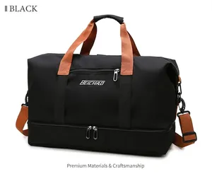 Large black fitness travel bag with brown straps and separate bottom shoe compartment