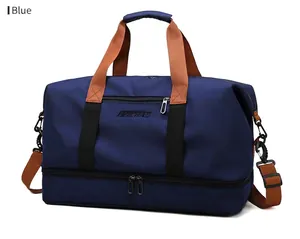 Blue large fitness travel bag with shoe compartment and waterproof separation