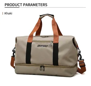 Khaki sports gym bag with orange straps and a bottom shoe compartment for travel