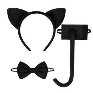 Detailed set of black cat ear headband, bowtie, and long plush tail for costume parties