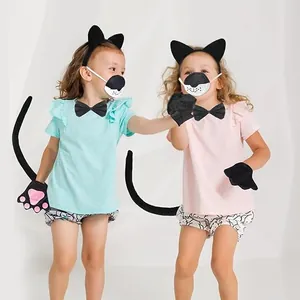 Kids black cat cosplay set including cat ear headband, bowtie, mask, paws, and tail