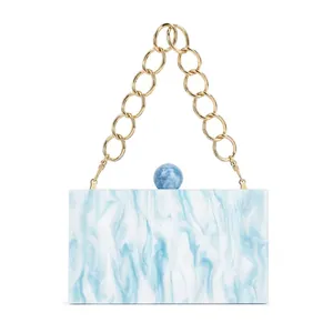 Blue marble acrylic evening clutch bag with gold chain strap for wedding parties