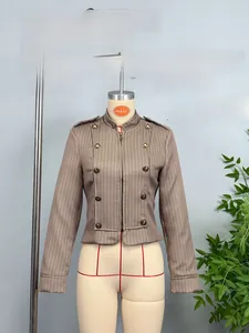 Close-up of brown pinstripe military jacket with metallic buttons and stand collar