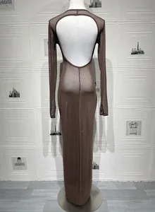Detail of the sheer brown mesh long dress featuring a dramatic oval open back design