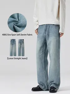 Jeans Casual pour Hommes Coupe Large Jambe Droite Bleu Clair Lavé Denim de Coton Pantalons Longs pour le Quotidien Vintage