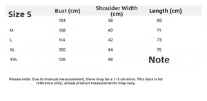 Detailed size chart for solid sleeveless vest with chest and length measurements