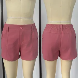 Front and back view of high-waist dusty rose casual cotton shorts with elastic band
