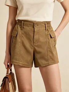 Women's vintage khaki cargo denim shorts with high waist and large flap pockets