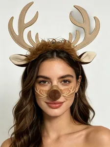 Detail of plush reindeer antlers headband and brown nose set for Christmas cosplay