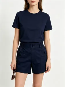 Detail of navy short-sleeve T-shirt and cargo shorts set with elastic waist for women