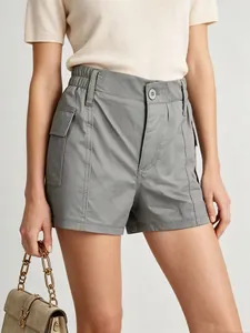 Women's vintage grey high waist cargo shorts with elastic waist and side flap pockets