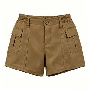 Detail of khaki cargo shorts with elastic waist and large flap pockets on white background