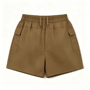 Detail view of khaki high-waisted cargo shorts with elastic waist and large side flap pockets